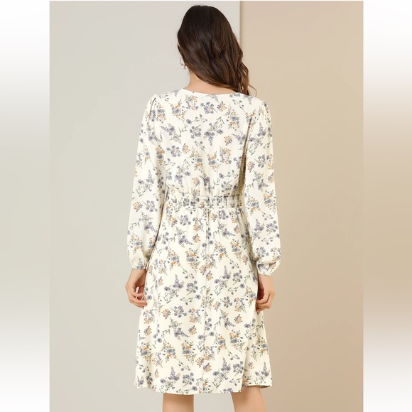 Floral Print V-Neck Long Sleeve Smocked Waist Midi Dress - Picture 2 of 9